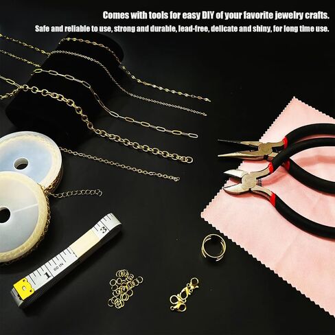 Fesorsi Gold Chain for Jewelry Making, 65ft 8 Style Steel Jewelry Chain, Electroplating Process, for DIY Necklace Chains, Tassel Pendants, with Jump Ring, Lobster Clasp, Pliers in Kuwait