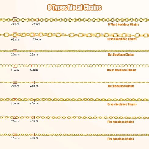Fesorsi Gold Chain for Jewelry Making, 65ft 8 Style Steel Jewelry Chain, Electroplating Process, for DIY Necklace Chains, Tassel Pendants, with Jump Ring, Lobster Clasp, Pliers in Kuwait