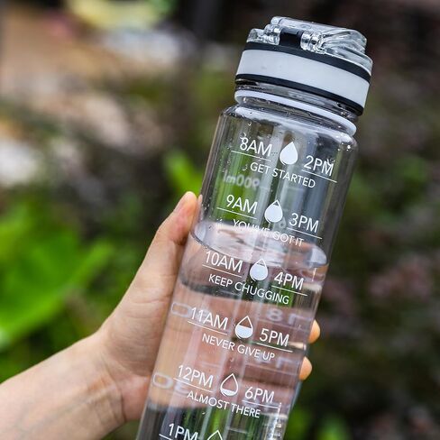 زجاجات مياه OLDLEY، زجاجة مياه رياضية تحفيزية سعة 32 أونصة مع علامة زمنية - أوقات الشرب - تريتان، خالية من البيسفينول أ، مضادة للتسرب ذات فم واسع، شفافة (عبوة واحدة) in Kuwait