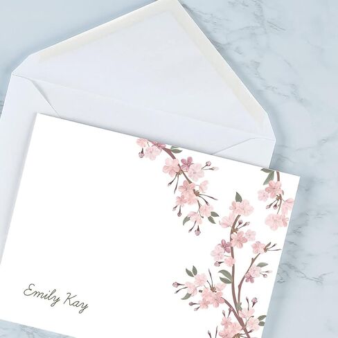 Cherry Blooms Personalized Note Cards - 24 Cards with White Envelopes, 4¼ x 5½ Inch Size, Blank Inside, Add a Name, For Thank You Notes, or Graduation Gifts… in Saudi Arabia