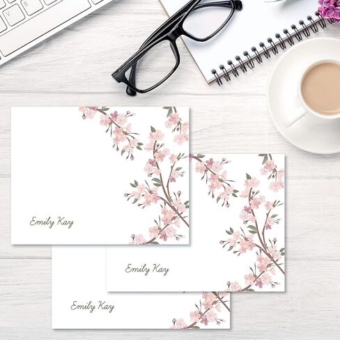Cherry Blooms Personalized Note Cards - 24 Cards with White Envelopes, 4¼ x 5½ Inch Size, Blank Inside, Add a Name, For Thank You Notes, or Graduation Gifts… in Saudi Arabia