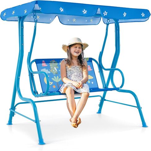 Fireflowery Kids Patio Swing, 2-Seater Outdoor Hanging Swing Bench w/Removable Canopy & Safety Belt, Porch Swing Lounge for Patio Garden Balcony Yard in Saudi Arabia