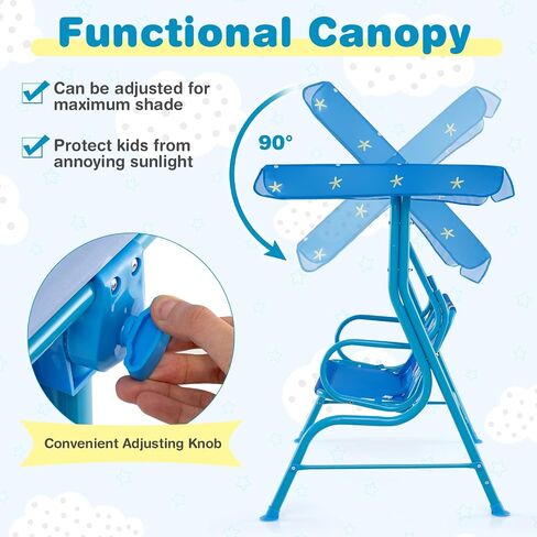 Fireflowery Kids Patio Swing, 2-Seater Outdoor Hanging Swing Bench w/Removable Canopy & Safety Belt, Porch Swing Lounge for Patio Garden Balcony Yard in Saudi Arabia