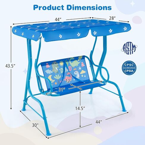 Fireflowery Kids Patio Swing, 2-Seater Outdoor Hanging Swing Bench w/Removable Canopy & Safety Belt, Porch Swing Lounge for Patio Garden Balcony Yard in Saudi Arabia