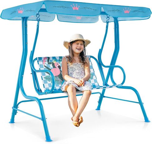 Fireflowery Kids Patio Swing, 2-Seater Outdoor Hanging Swing Bench w/Removable Canopy & Safety Belt, Porch Swing Lounge for Patio Garden Balcony Yard in Saudi Arabia