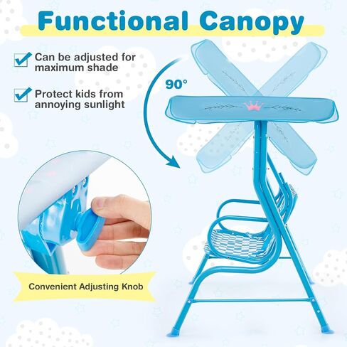 Fireflowery Kids Patio Swing, 2-Seater Outdoor Hanging Swing Bench w/Removable Canopy & Safety Belt, Porch Swing Lounge for Patio Garden Balcony Yard in Saudi Arabia