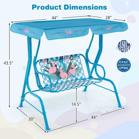 Fireflowery Kids Patio Swing, 2-Seater Outdoor Hanging Swing Bench w/Removable Canopy & Safety Belt, Porch Swing Lounge for Patio Garden Balcony Yard in Saudi Arabia