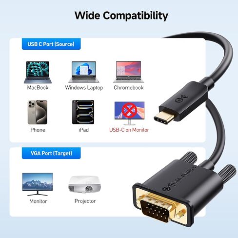 كابل يهم كابل USB C إلى VGA (كابل USB-C إلى VGA) بطول 6 أقدام - منفذ Thunderbolt 4 / USB4 / Thunderbolt 3 متوافق مع MacBook Pro وDell XPS 13 و15 وHP Spectre x360 وSurface Pro وYoga 910 والمزيد in Saudi Arabia