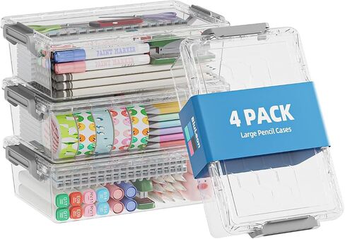 4 Pack Extra Large Pencil Box, Plastic Pencil Case Organizer, Clear Crayon Box Marker Organizer, Stackable Craft Organizers and Storage for Pen, Craft, Art Supply(Grey) in Kuwait