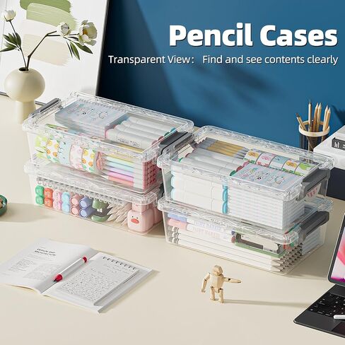 4 Pack Extra Large Pencil Box, Plastic Pencil Case Organizer, Clear Crayon Box Marker Organizer, Stackable Craft Organizers and Storage for Pen, Craft, Art Supply(Grey) in Kuwait