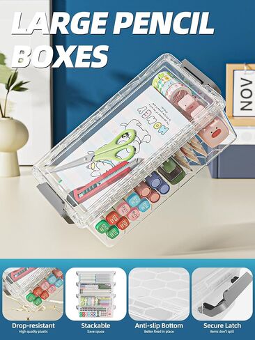 4 Pack Extra Large Pencil Box, Plastic Pencil Case Organizer, Clear Crayon Box Marker Organizer, Stackable Craft Organizers and Storage for Pen, Craft, Art Supply(Grey) in Kuwait