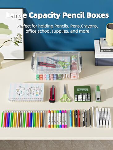4 Pack Extra Large Pencil Box, Plastic Pencil Case Organizer, Clear Crayon Box Marker Organizer, Stackable Craft Organizers and Storage for Pen, Craft, Art Supply(Grey) in Kuwait