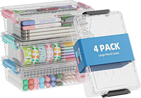 4 Pack Extra Large Pencil Box, Plastic Pencil Case Organizer, Clear Crayon Box Marker Organizer, Stackable Craft Organizers and Storage for Pen, Craft, Art Supply(Grey) in Kuwait