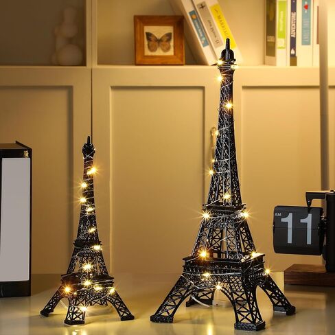 2 Pcs Eiffel Tower Statue Metal 10 Inch, 15 Inch Eiffel Tower Model Figurine Paris Themed Eiffel Tower Decor with 2 Light Strings for Cake Topper Party Table Centerpiece Kitchen Decoration in Saudi Arabia
