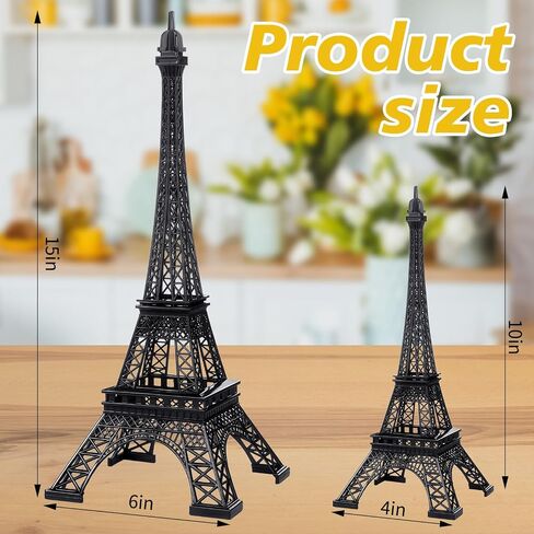 2 Pcs Eiffel Tower Statue Metal 10 Inch, 15 Inch Eiffel Tower Model Figurine Paris Themed Eiffel Tower Decor with 2 Light Strings for Cake Topper Party Table Centerpiece Kitchen Decoration in Saudi Arabia