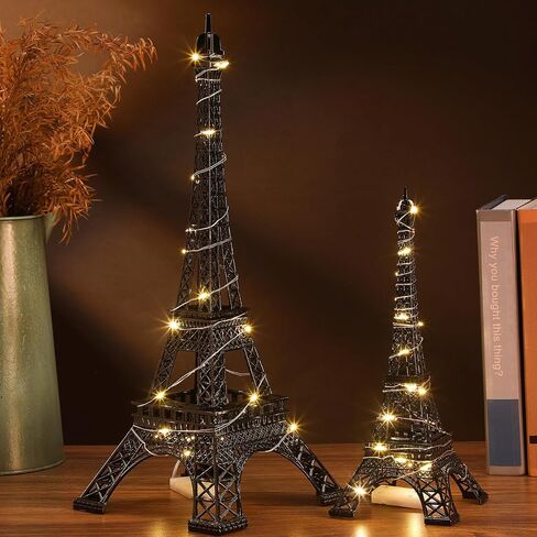 2 Pcs Eiffel Tower Statue Metal 10 Inch, 15 Inch Eiffel Tower Model Figurine Paris Themed Eiffel Tower Decor with 2 Light Strings for Cake Topper Party Table Centerpiece Kitchen Decoration in Saudi Arabia
