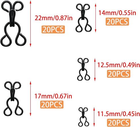 Lilaly 100 Sets 5 Size Blcak Hooks and Eyes for Sewing,Hook and Eye Closures for Clothing Replacement,for Clothing, Sewing DIY Craft(11.5mm,12.5mm,14mm,17mm,22mm) in Saudi Arabia