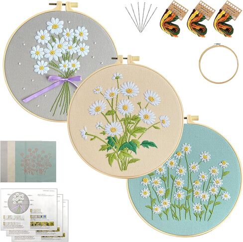 KEKEMEOW 3 Sets Embroidery Kit for Beginners, Stitches with Wild Flower Patterns, DIY Cross Stitch Kits for Adults, Needlepoint Hand Embroidery Kit with Stamped Pattern、Instruction、Hoop in Saudi Arabia