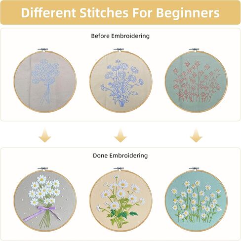 KEKEMEOW 3 Sets Embroidery Kit for Beginners, Stitches with Wild Flower Patterns, DIY Cross Stitch Kits for Adults, Needlepoint Hand Embroidery Kit with Stamped Pattern、Instruction、Hoop in Saudi Arabia