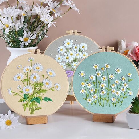 KEKEMEOW 3 Sets Embroidery Kit for Beginners, Stitches with Wild Flower Patterns, DIY Cross Stitch Kits for Adults, Needlepoint Hand Embroidery Kit with Stamped Pattern、Instruction、Hoop in Saudi Arabia