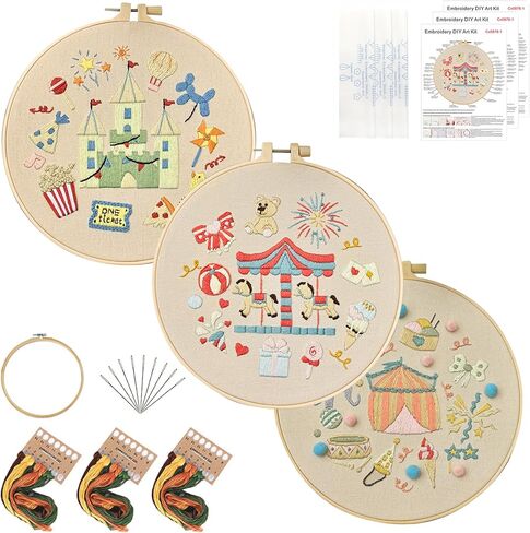 KEKEMEOW 3 Sets Embroidery Kit for Beginners, Stitches with Wild Flower Patterns, DIY Cross Stitch Kits for Adults, Needlepoint Hand Embroidery Kit with Stamped Pattern、Instruction、Hoop in Saudi Arabia