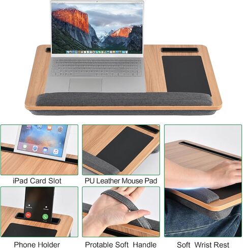 Laptop Lap Desk with Cushion, Computer Lap Desk Fits Up to 17" Laptops with Anti-Slip Strip, Mouse Pad,Carrying Handle and Phone Holder for Bed,Sofa,Black in Saudi Arabia