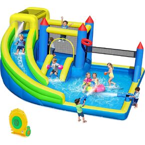7-in-1 Inflatable Water Slide, Big Water Bounce House for Kid Backyard, Blow Up Water Park with 550W Blower, Splash Pool, Water Cannon, Climbing Wall for Kids Outdoor and Indoor, Orange