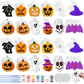 Syhood 24 Pcs Halloween Paint Your Own Figurines DIY Ceramic Painting Kit Ready to Paint Ceramics Crafts Unpainted Pumpkin Ghost Bat with Pastel Brush Palette for Halloween Party Supplies, 12 Styles