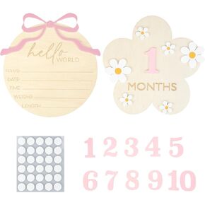 Wooden Baby Announcement Sign & Baby Monthly Milestone Sign Set, Birth Announcement & 1-12 Months Interchangeable Discs for Newborn Girls Photo Props (Pink Numbers)