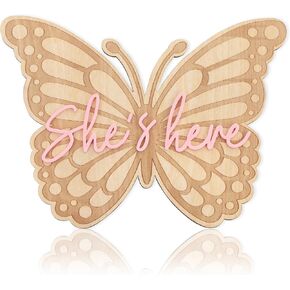She's Here Butterfly Wooden Board - Little Princess Birth Announcement Sign,Butterfly Gender Reveal Decorations,Newborn Hospital Birth Milestone Card,Butterfly Shape She's Here Sign Photo Props
