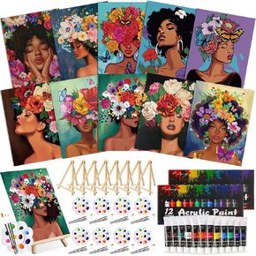 Ctosree 72 Pcs Paint and Sip Kit for Adults 8'' x 10'' Pre Drawn Canvas for Painting DIY Pre Printed Canvas for Party Favor Afro Acrylic Painting Kit Wood Easel Brushes Date Night Bulk (Flower Lady)