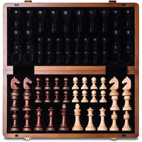 A&A 15" Magnetic Wooden Chess Set, Handmade 3" King Height Knight Staunton Chess Pieces with 2 Extra Queen, Folding Portable Travel Game Set