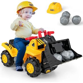 HONEY JOY Ride on Excavator, No Power Ride on Construction Vehicles for Kids, Helmet, 3 Toy Rocks, Adjustable Digger, Horn, Ride On Loader, Bulldozer Ride on Toy, Gift for Boys Girls