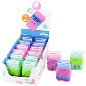 Set of 6 Dual-Hole Pencil Sharpeners with Erasers for School, Office and Art Supplies (Green/Pink/Purple,6)
