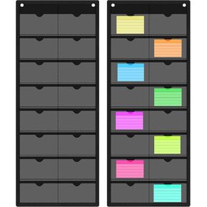 2 Pcs 3'' x 5'' Index Card Holder Sleeve 16 Slot Plastic Organizer Black Hanging Wall Mount Business Note Card Holder PVC Clear Organizer Pocket for Classroom Office Library Home