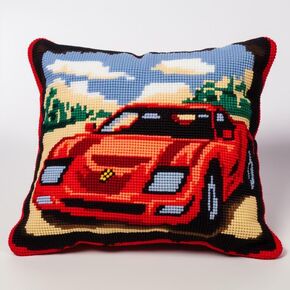 Cool Red Car Latch Hook Pillow Cover Kits for Adults and Starter DIY Pillowcase Cross Stitch Latch Hook Rug Kits with Preprinted Canvas Crochet Yarn Kits Needlework Crafts 17'' X 17''