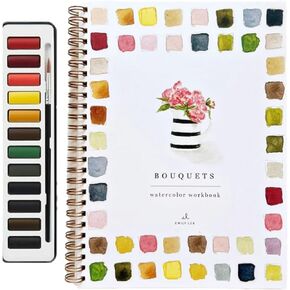 Emily Lex Studio Flowers Watercolor Workbook, Premium Emily Lex Watercolor Workbook, Water Colors Paint Adult Set, Beginner Friendly Painting Kit with 12 Colors Paint Set and Brush(Bouquets)