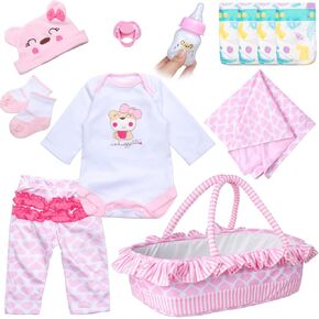 PEDOLLTREE Reborn Baby Dolls Clothes Girl Outfit Accessories Pink Little Bear 12 Pcs for 17-22 Inch Reborn Doll Newborn with Pink Heart Bassinet