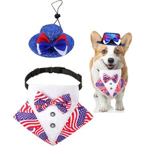 Dog Independence Day American Flag Tuxedo Triangle Bibs and 4th of July Hat (Red Blue and White, One Size)