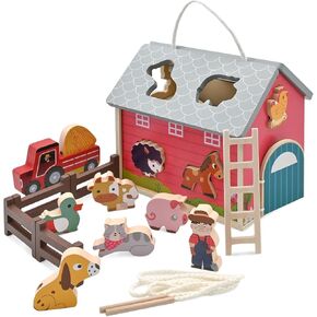 Farm Animal Toys with Large Wooden Barn for Toddlers, Montessori Educational Toy for Kids Ages 3+, Portable Barn Playset with Farmer and Animals for Boys and Girls