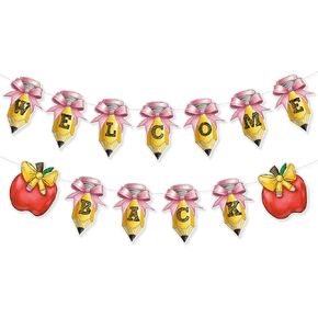 Honeydak 2 Pcs Pencil Bow Banner for Back to School Decorations First Day of School Classroom Decorations Party Supplies, Pre Strung Teacher Banners Photo Props