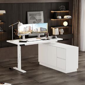 Hitow L Shaped Standing Desk Height Adjustable, 63" W Electric Sit Stand Desk with Drawers & Storage Cabinet, Reversible Home Office Table Corner Computer Workstation, Modern Black (29.1"-44" H)