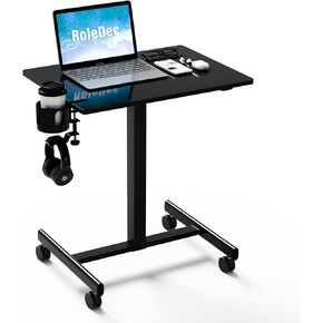 Adjustable Standing Desk, Small Portable Desk with Lockable Wheels, Cup Holder for Rolling Cart, Sit to Stand Table - Computer Workstations for Home Office(Pearl White)