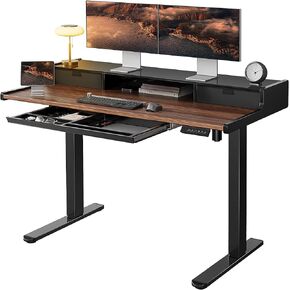 Marsail Electric Standing Desk مع أدراج ، و 48 × 24 بوصة مكتب مع منصة شاشة زجاجية ، ومكتب قابل للتعديل مع الأدراج للمنزل والمكاتب ، و 4 ارتفاعات مسبقة ، والجوز الأسود