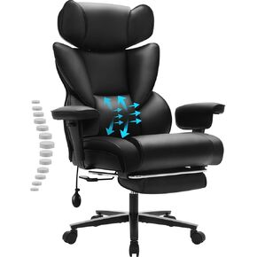 Executive Office Chair with Foot Rest and Waist Lumber Support 300lbs, Home Office Desk Chair with Adjustable Headrest and Armrests, High-Back PU Computer Chair with Rocking, Black