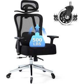Office Chair 500lbs Ergonomic Mesh Desk Chair for Heavy People, Heavy Duty Big Size Office Chair with Wide Thick Seat Cushion, 3D Armrest, Adjustable Headrest & Lumbar Support Computer Chair