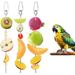 3 PCS Bird Food Holder, Small Animal Stainless Steel Fruit Vegetable Stick Holder Bird Feeder Toy Cage Foraging Hanging Food Feed Treating Tool for Parrots Cockatoo Cockatiel