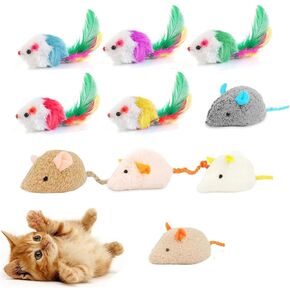10 Pack Cat Mouse Toy With Fur, Feather, and Rattle Sounds - Interactive Catnip Mice for Chasing, Hunting, Exercising - Kitten Chewing and Teeth Cleaning Toys (Color Random)