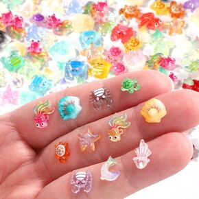 210pcs Mini Resin Animals, Miniature Ocean Figurines Glow in The Dark Small Sea Turtles Fishes Jellyfishes Tiny Crabs Starfishes Seashells Dolphins Statue for Dollhouse Aquarium Decorations