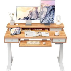FEZIBO Height Adjustable Electric Standing Desk with 4 Drawers and Keyboard Tray, 55 x 24 Inch Table with Storage Shelf, Sit Stand Desk with Splice Board, Rustic Brown